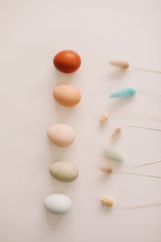 Chicken eggs of natural shades and colors a white background. Healthy organic food, natural farmer's products concept. Happy Easter background. Selective focus.