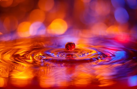 A transparent drop with a red-yellow background falls into the water. Abstract colorful background