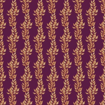 Seamless pattern with a pattern of vertical branches. purple background. Trendy design seamless with golden leaves.Tuberose color.