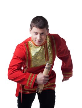 Full length portrait of dancer in russian costume. Isolated on white