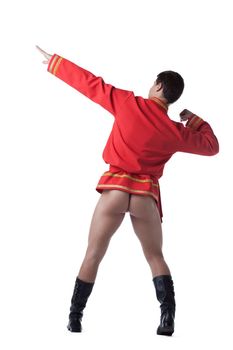Full length portrait of stripper in russian red shirt. Isolated on white