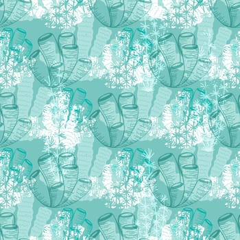 Seamless pattern with a vertical pattern of algae. Turquoise background. Trendy design seamless with underwater plants.Aqua color.