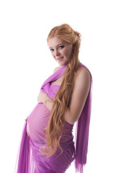 nude beauty pregnant woman portrait in pink fabric isolated