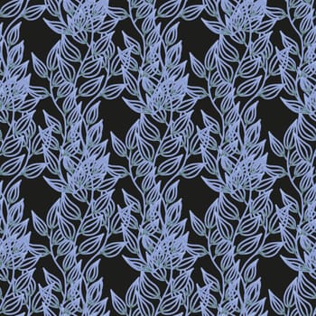 Seamless pattern with vertical pattern of leaves. Black background. Trendy design seamless with branches