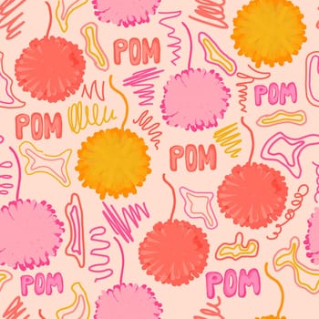 Pompoms pattern. Funny pink childish seamless pattern. Children's fluffy decor.