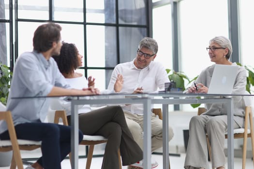 Serious team of professionals, business people negotiating in modern boardroom, discuss project