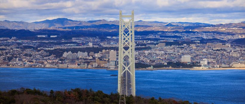 Panoramic view of Akashi Kaikyo Bridge, the longest suspension bridge in the world. High quality photo