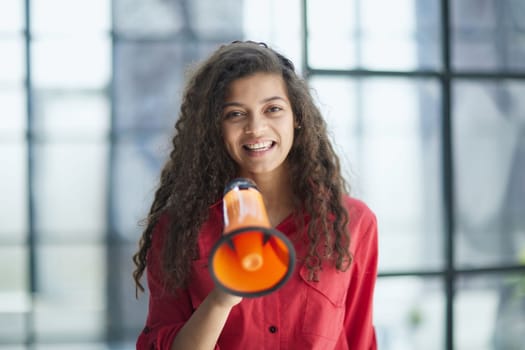 Portrait beautiful young business woman use megaphone