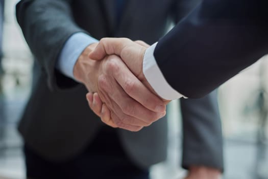 Two diverse professional business men executive leaders shaking hands at office meeting