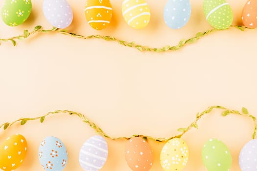 Colorful easter eggs isolated on pastel background with copy space, Funny decoration, Creative composition banner web design holiday background, Happy Easter Day greeting card, flat lay top view