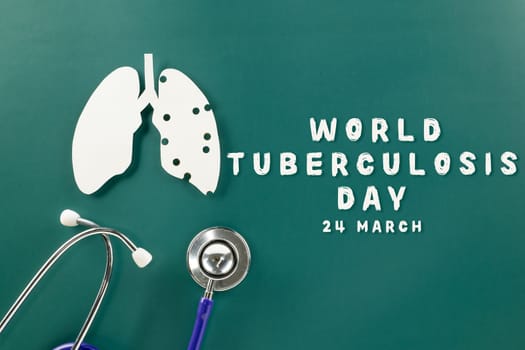 World tuberculosis day. Lungs paper cutting symbol and medical stethoscope on green background, copy space, concept of world TB day, banner background, respiratory diseases, lung cancer awareness