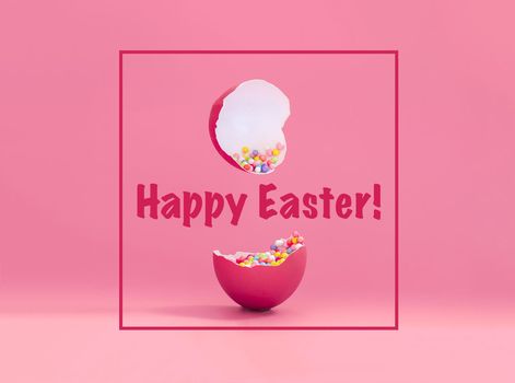 Broken decorative easter egg with colorful confetti. Minimal composition, vivid magenta color pastel pink background. Text Happy Easter.