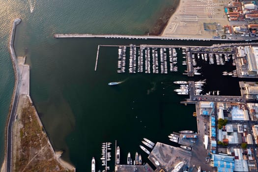 Aerial documentation of the touristic port of Viareggio Tuscany Italy 
