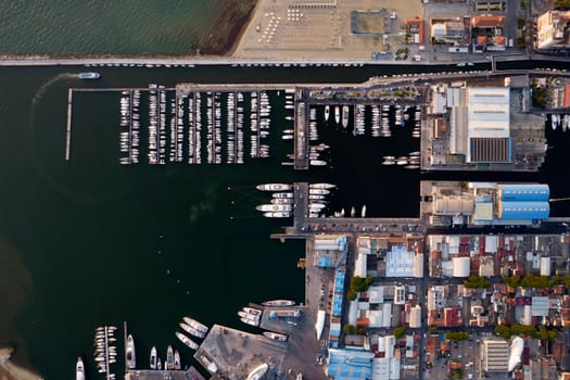 Aerial documentation of the touristic port of Viareggio Tuscany Italy 
