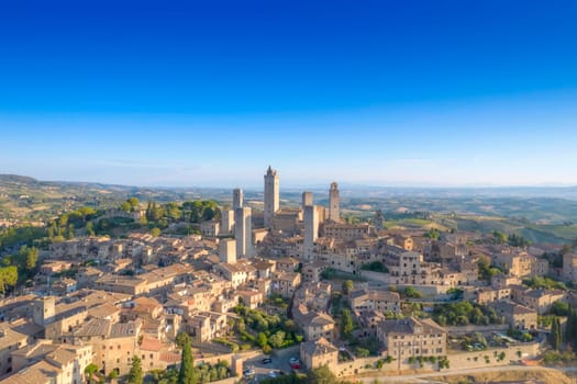 Aerial photographic documentation of the town of San Gimignano Toscany Italy 