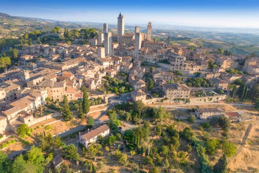 Aerial photographic documentation of the town of San Gimignano Toscany Italy 