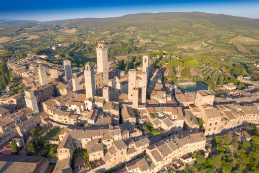 Aerial photographic documentation of the town of San Gimignano Toscany Italy 