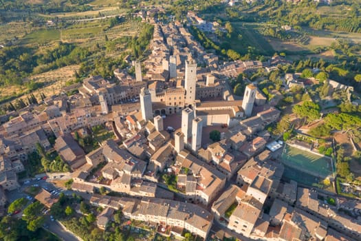 Aerial photographic documentation of the town of San Gimignano Toscany Italy 