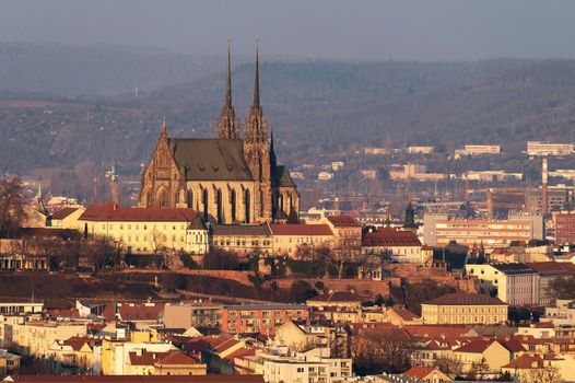 Petrov - Cathedral of Saints Peter and Paul. City of Brno - Czech Republic - Europe. City skyline at sunset