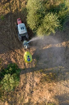 Aerial photographic documentation of the time of the pesticide treatment in an olive plantation