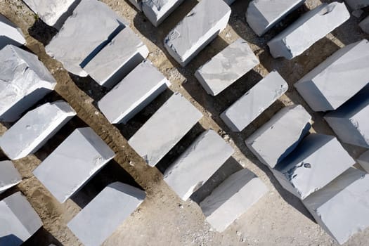 Aerial photographic documentation of a deposit of marble blocks in Carrara Italy