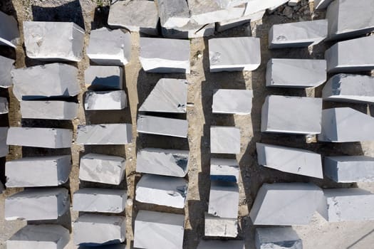 Aerial photographic documentation of a deposit of marble blocks in Carrara Italy