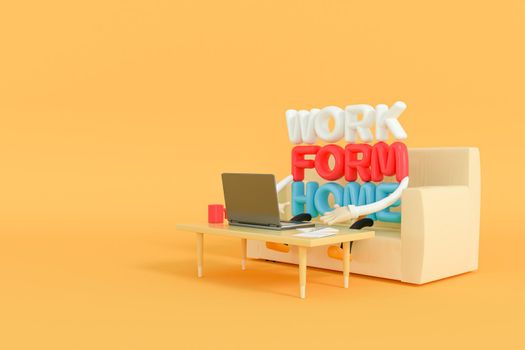 3d illustrator of the Characters who work at home run and with the computer notebook on the sofa