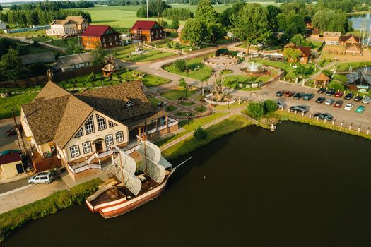 view from the height of the Lake in a green field in the form of a horseshoe and a village in the Mogilev region.Belarus.The Nature Of Belarus.