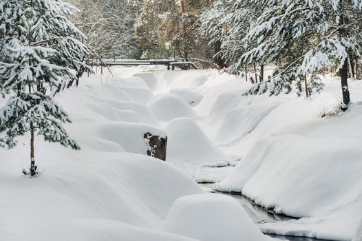 Winter landscape river in the snow, around the forest.