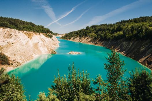 Volkovysk chalk pits or Belarusian Maldives beautiful saturated blue lakes. Famous chalk quarries near Vaukavysk, Belarus. Developed for the needs of Krasnaselski plant construction materials.