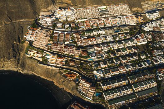 Aerial panorama of Acantilados de Los Gigantes Cliffs of the Giants at sunset, Tenerife, Canary islands, Spain
