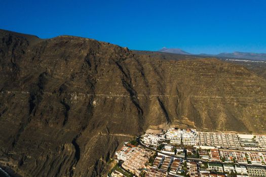 Aerial panorama of Acantilados de Los Gigantes Cliffs of the Giants at sunset, Tenerife, Canary islands, Spain
