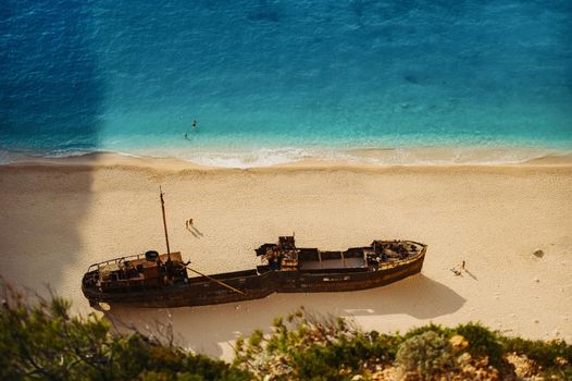 Navagio Bay Shipwreck Beach without people, top down view, Greece, Zakynthos