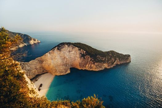 Navagio Bay Shipwreck Beach without people, top down view, Greece, Zakynthos