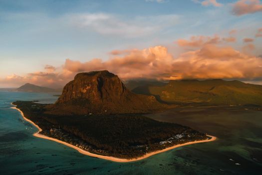 Amazing view of Le Morne Brabant at sunset. Mauritius island.