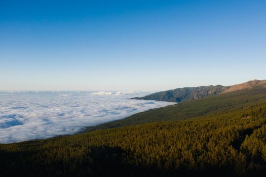 Cloud sea under mount Teide in Tenerife, aerial View over clouds on the island of Tenerife. Canary Islands, Spain.