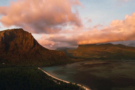 Amazing view of Le Morne Brabant at sunset. Mauritius island.