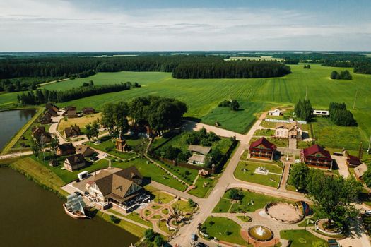 view from the height of the Lake in a green field in the form of a horseshoe and a village in the Mogilev region.Belarus.The Nature Of Belarus.