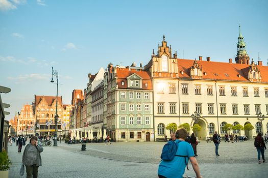 WROCLAW, POLAND-April 8, 2019: View of the Market Square in the Old Town of Wroclaw. Wroclaw is the historical capital of Lower Silesia.