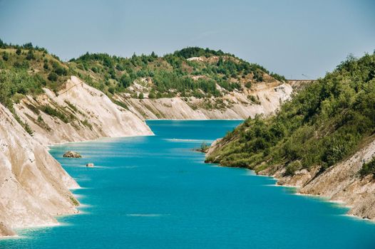 Volkovysk chalk pits or Belarusian Maldives beautiful saturated blue lakes. Famous chalk quarries near Vaukavysk, Belarus. Developed for the needs of Krasnaselski plant construction materials.