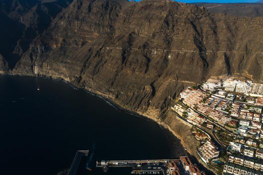 Aerial panorama of Acantilados de Los Gigantes Cliffs of the Giants at sunset, Tenerife, Canary islands, Spain