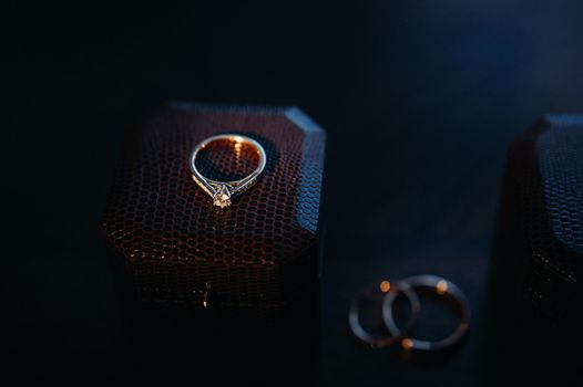 Close-up of two gold wedding rings for a wedding.