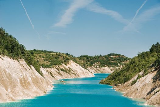 Volkovysk chalk pits or Belarusian Maldives beautiful saturated blue lakes. Famous chalk quarries near Vaukavysk, Belarus. Developed for the needs of Krasnaselski plant construction materials.