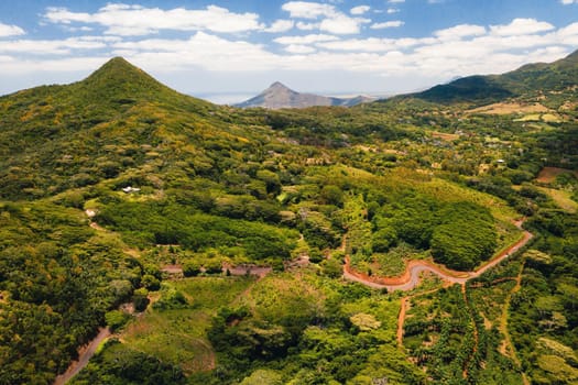 Aerial view of mountains and fields in Mauritius island