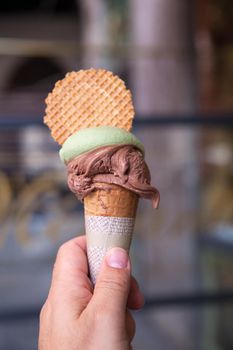 Close up of chocolate and pistachio icecream