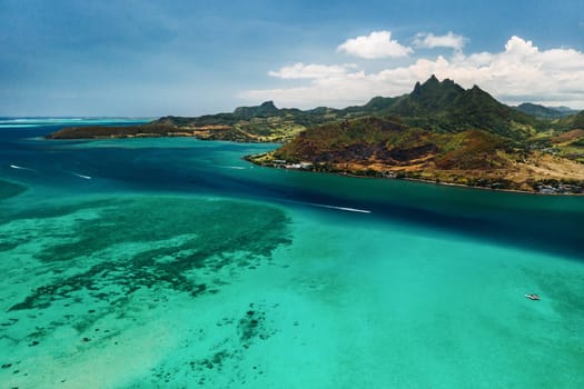 The view from the bird's eye view on the coast of Mauritius. Amazing landscapes of Mauritius.Beautiful coral reef of the island.