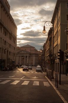 TRIESTE, ITALY - MAY, 01: View of Borsa square in Trieste at sunset on May 01, 2016