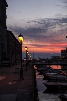 View of Ponte rosso in Trieste at sunset, Italy