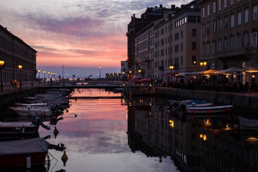 View of Ponte rosso in Trieste at sunset, Italy