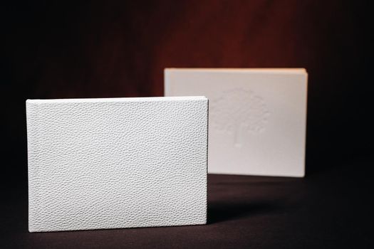 Composition of photo books in natural white leather of different sizes. The white paper on a dark background